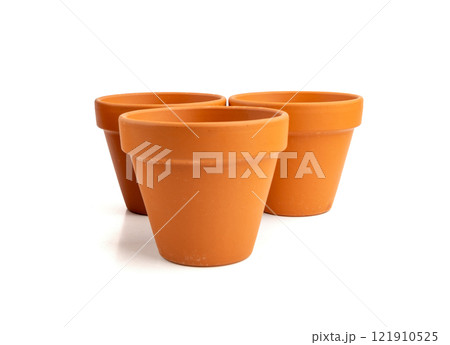 Empty terracotta flower pots, clay garden vase, brown ceramic plant container, garden pottery earthenware Empty terracotta flower pots, clay garden vase, brown ceramic plant container, garden pottery earthenware 121910525