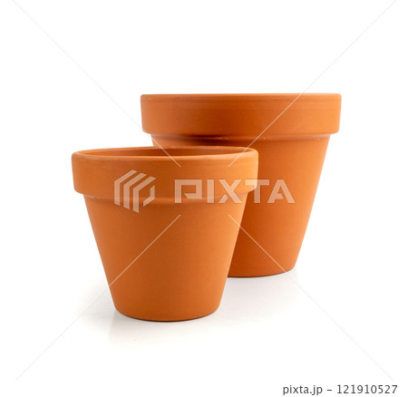 Empty terracotta flower pots, clay garden vase, brown ceramic plant container, garden pottery earthenware 121910527