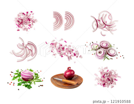 Red Onion Cuts Isolated, Chopped Purple Onion Pile, Raw Purple Onion Pieces, Fresh Purple Bulb Cuts Red Onion Cuts Isolated, Chopped Purple Onion Pile, Raw Purple Onion Pieces, Fresh Purple Bulb Cuts 121910588