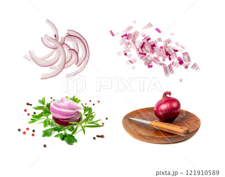 Red Onion Cuts Isolated, Chopped Purple Onion Pile, Raw Purple Onion Pieces, Fresh Purple Bulb Cuts 121910589