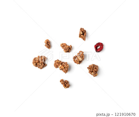 Chocolate Brownie Granola Pile Isolated, Cocoa Muesli, Crunchy Cereals, Oatmeal with Dried Cherries Chocolate Brownie Granola Pile Isolated, Cocoa Muesli, Crunchy Cereals, Oatmeal with Dried Cherries 121910670
