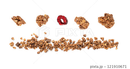 Chocolate Brownie Granola Pile Isolated, Cocoa Muesli, Crunchy Cereals, Oatmeal with Dried Cherries Chocolate Brownie Granola Pile Isolated, Cocoa Muesli, Crunchy Cereals, Oatmeal with Dried Cherries 121910671
