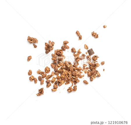 Scattered Chocolate Granola Isolated, Flying Cocoa Muesli, Crunchy Cereals, Seeds and Grains Muesli Scattered Chocolate Granola Isolated, Flying Cocoa Muesli, Crunchy Cereals, Seeds and Grains Muesli 121910676