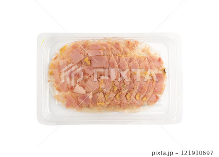 Meat jelly slices, ham aspic isolated, sausage, aspic jelly, winter meat galart, brawn on white 121910697