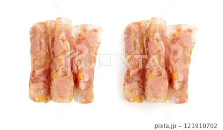 Meat jelly slices, ham aspic isolated, sausage, aspic jelly, winter meat galart, brawn on white 121910702