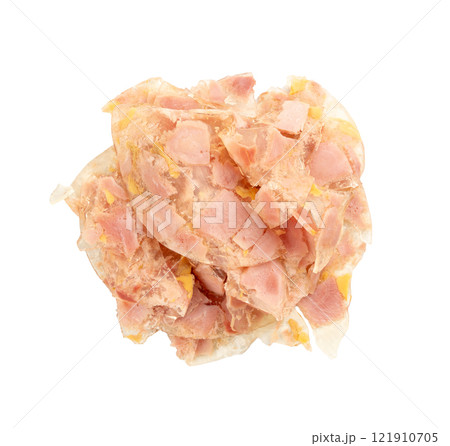 Meat jelly slices, ham aspic isolated, sausage, aspic jelly, winter meat galart, brawn on white Meat jelly slices, ham aspic isolated, sausage, aspic jelly, winter meat galart, brawn on white 121910705