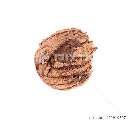 Melted chocolate ice cream isolated, real melting cocoa icecream drops, chocolate ice stain 121910707