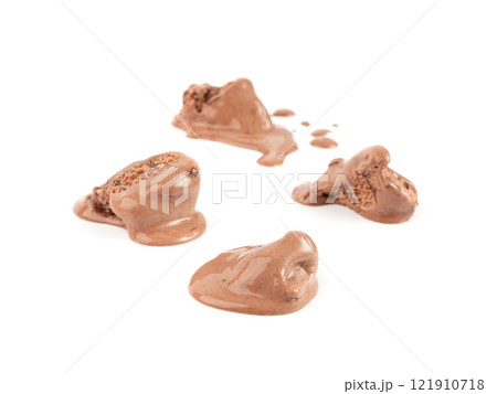 Melted chocolate ice cream isolated, real melting cocoa icecream drops, chocolate ice stain 121910718