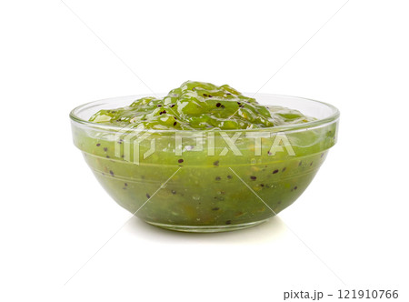Green Jam Isolated, Sweet Kiwi Confiture in Bowl, Gooseberry Marmalade, Green Tomato Jam 121910766