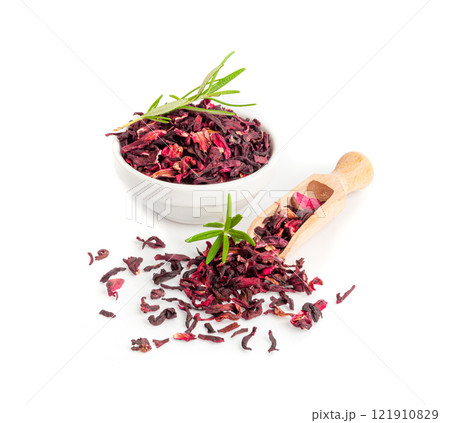 Dry Hibiscus Tea Isolated, Dry Rose Petals, Fruit Red Tea, Karkade Leaves, Dried Herbal Drink, Roselle Petal Dry Hibiscus Tea Isolated, Dry Rose Petals, Fruit Red Tea, Karkade Leaves, Dried Herbal Drink, Roselle Petal 121910829
