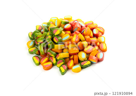 Round gummy candy piles set isolated. Small chewing colorful jellybeans, marmalade cuts, pills 121910894