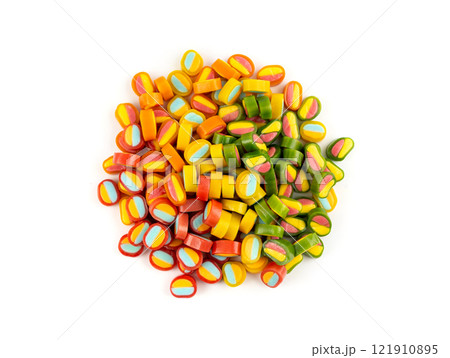 Round gummy candy piles set isolated. Small chewing colorful jellybeans, marmalade cuts, pills Round gummy candy piles set isolated. Small chewing colorful jellybeans, marmalade cuts, pills 121910895
