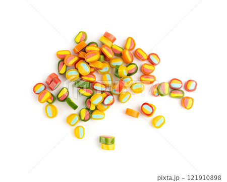 Round gummy candy piles set isolated. Small chewing colorful jellybeans, marmalade cuts, pills 121910898