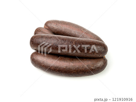 Black pudding isolated, blood sausage kaszanka, traditional Polish terrine, brawn sausages on white Black pudding isolated, blood sausage kaszanka, traditional Polish terrine, brawn sausages on white 121910916