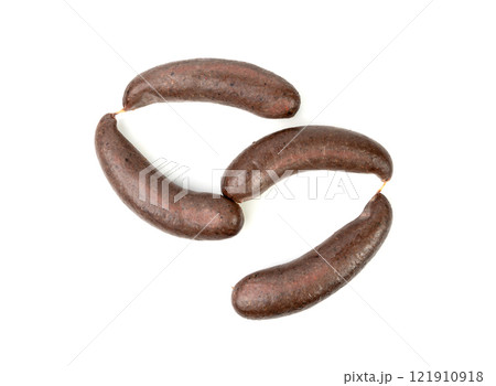 Black pudding isolated, blood sausage kaszanka, traditional Polish terrine, brawn sausages on white Black pudding isolated, blood sausage kaszanka, traditional Polish terrine, brawn sausages on white 121910918
