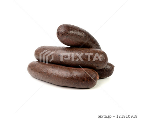 Black pudding isolated, blood sausage kaszanka, traditional Polish terrine, brawn sausages on white Black pudding isolated, blood sausage kaszanka, traditional Polish terrine, brawn sausages on white 121910919