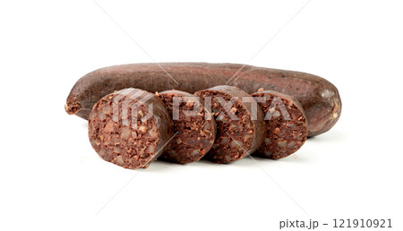 Black pudding isolated, blood sausage kaszanka, traditional Polish terrine, brawn sausages on white 121910921