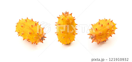 Kiwano isolated, jelly melon, cucumis metuliferus ripe fruit, orange horned melon, african horned cucumber 121910932
