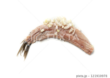 Dutch herring isolated, salted fish meat fillet, traditional maatjes, raw atlantic herring, matias 121910978