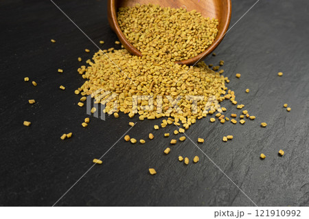 Fenugreek Seeds Isolated, Dry Trigonella, Spicy Methi Dana Grains, Indian Kitchen Seasoning Ingredient Fenugreek Seeds Isolated, Dry Trigonella, Spicy Methi Dana Grains, Indian Kitchen Seasoning Ingredient 121910992