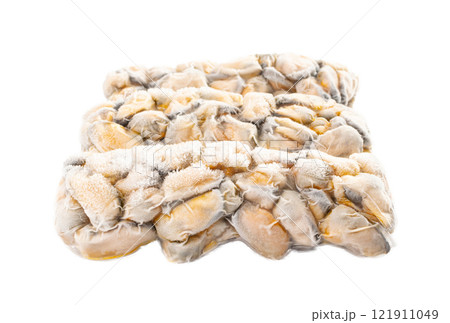 Packed Frozen Mussels Isolated, Frozen Peeled Mussel, Mussels Meat, Iced Seafood, Cooked Shellfish Packed Frozen Mussels Isolated, Frozen Peeled Mussel, Mussels Meat, Iced Seafood, Cooked Shellfish 121911049
