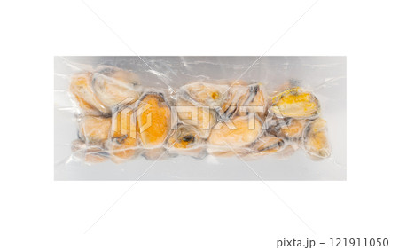 Packed Frozen Mussels Isolated, Frozen Peeled Mussel, Mussels Meat, Iced Seafood, Cooked Shellfish Packed Frozen Mussels Isolated, Frozen Peeled Mussel, Mussels Meat, Iced Seafood, Cooked Shellfish 121911050