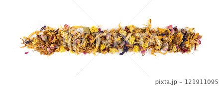 Dried edible flowers mix, Helichrysum arenarium, dwarf everlast, medical herb tea pile isolated Dried edible flowers mix, Helichrysum arenarium, dwarf everlast, medical herb tea pile isolated 121911095