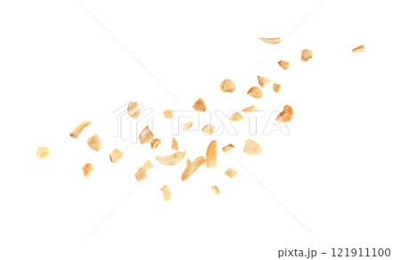 Falling Dry Garlic Slices Isolated, Flying Crispy Fried Cloves Pile Closeup, Roasted Grilled Garlic Flakes Falling Dry Garlic Slices Isolated, Flying Crispy Fried Cloves Pile Closeup, Roasted Grilled Garlic Flakes 121911100