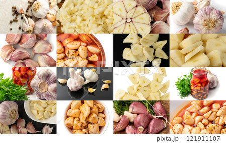 Garlic Collage, Raw Peeled, Pickled Cloves Pattern, Roasted Grilled Garlic Mockup, Fried Clove Garlic Collage, Raw Peeled, Pickled Cloves Pattern, Roasted Grilled Garlic Mockup, Fried Clove 121911107