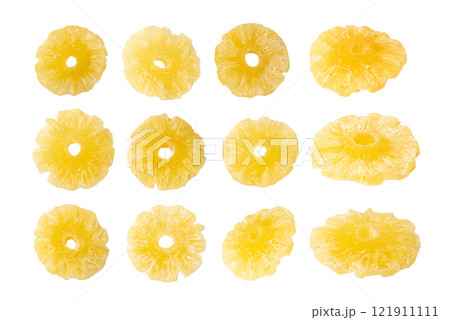 Dry Pineapple Rings Isolated, Candy Pineapples, Dehydrated Yellow Sugar Fruit, Candied Fruits Circles 121911111