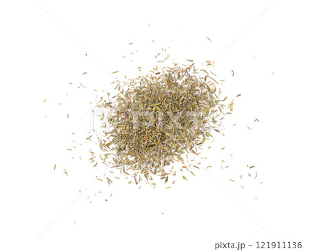 Dry thyme isolated, dried marjoram, oregano pile, ground crushed thyme seasoning, thyme leaves 121911136