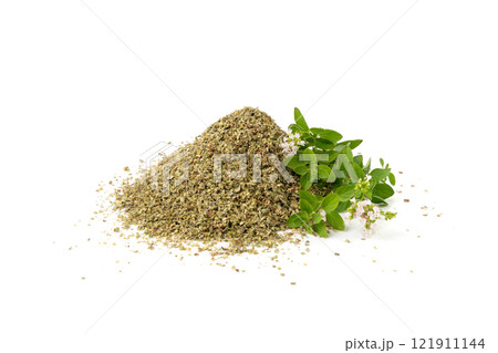 Dry thyme isolated, dried marjoram, oregano pile, ground crushed thyme seasoning, thyme leaves 121911144
