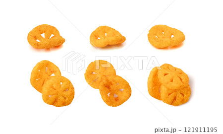 Corn puff snack isolated, crunchy cereal nosh, crispy yellow rice breakfast with paprika 121911195