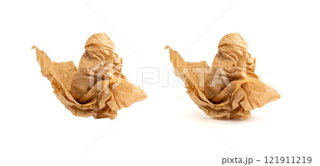 Crumpled Craft Paper Ball Isolated, Rugged Wrapping Round Lump, Old Paper Brown Wrinkled Sheet 121911219
