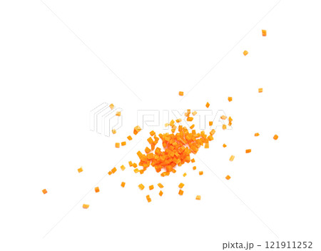 Falling Fresh Diced Carrot Isolated, Flying Carrot Cubes Closeup, Chopped Orange Root Vegetable 121911252