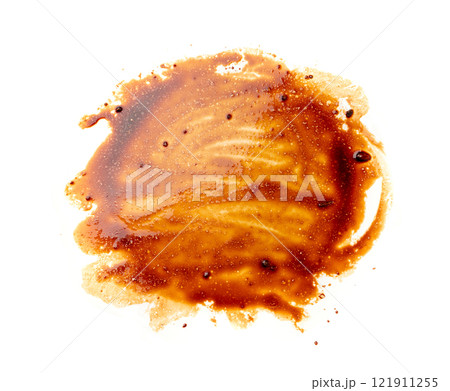 Spilled Soy Sause Leftovers Isolated, Teriyaki Drops on White Plate, Oyster Sauce Smear Texture 121911255