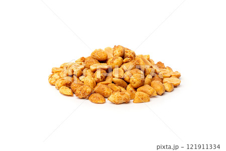 Spicy peanuts isolated, heeng jeera pea nuts mixture, Indian namkeen, roasted salty nut snack Spicy peanuts isolated, heeng jeera pea nuts mixture, Indian namkeen, roasted salty nut snack 121911334