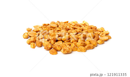 Spicy peanuts isolated, heeng jeera pea nuts mixture, Indian namkeen, roasted salty nut snack 121911335