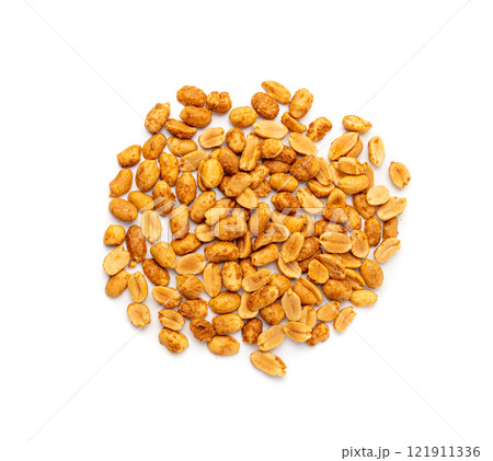 Spicy peanuts isolated, heeng jeera pea nuts mixture, Indian namkeen, roasted salty nut snack 121911336