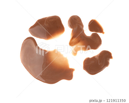 Spilled chocolate milk isolated, hot chocolate puddle, liquid stain, coffee splatter, brown latte 121911350