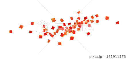 Falling Chopped paprika or red sweet pepper cuts isolated on white background 121911376