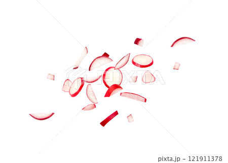 Falling Chopped Radish Roots Isolated, Flying Red Root Cuts, Diced Red Radishes Pile, Sliced Radis Falling Chopped Radish Roots Isolated, Flying Red Root Cuts, Diced Red Radishes Pile, Sliced Radis 121911378