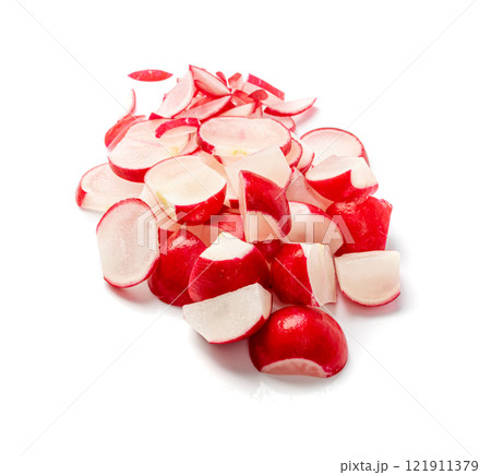 Sliced Radish Roots Isolated, Red Root Round Cuts, Red Radishes Slice Pile, Radis Cross Sections on White Sliced Radish Roots Isolated, Red Root Round Cuts, Red Radishes Slice Pile, Radis Cross Sections on White 121911379