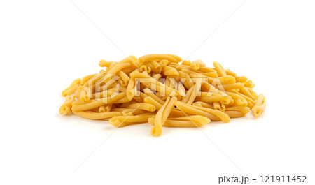 Casarecce pasta isolated, dry traditional macaroni, raw casarecce, wheat noodles, Italy cuisine ingredient 121911452