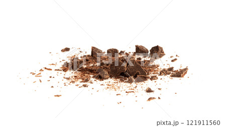 Grated Chocolate Pile Isolated, Crushed Chocolate Shavings, Crumbs, Scattered Flakes, Cocoa Sprinkles Grated Chocolate Pile Isolated, Crushed Chocolate Shavings, Crumbs, Scattered Flakes, Cocoa Sprinkles 121911560