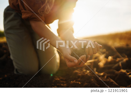 Female hands checking soil health before growth seed of vegetable or plant seedling. Ecology concept Female hands checking soil health before growth seed of vegetable or plant seedling. Ecology concept 121911901