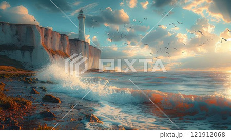 Lighthouse overlooks serene coastline at sunset with waves crashing and birds flying 121912068