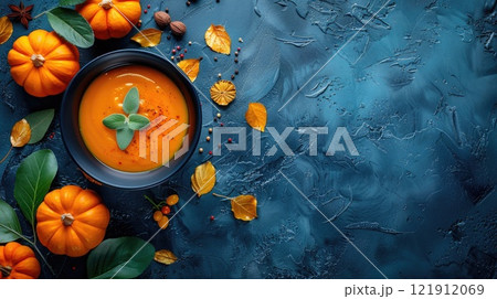 Warm autumn pumpkin soup surrounded by seasonal leaves and pumpkins on a textured blue background 121912069