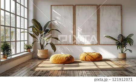 Cozy modern room with orange poufs, large windows, and decorative plants enhancing natural light 121912071
