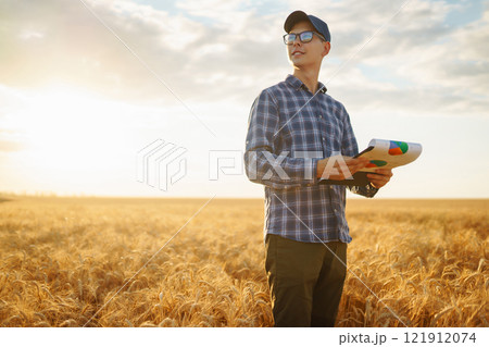 Farmer on a wheat field with a tablet in his hands. Idea of a rich harvest. 121912074